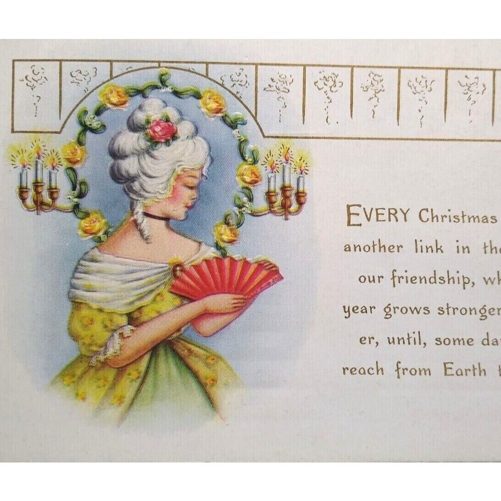 Christmas Postcard Whitney Victorian Women Hand Fan Greetings 1922 Vintage